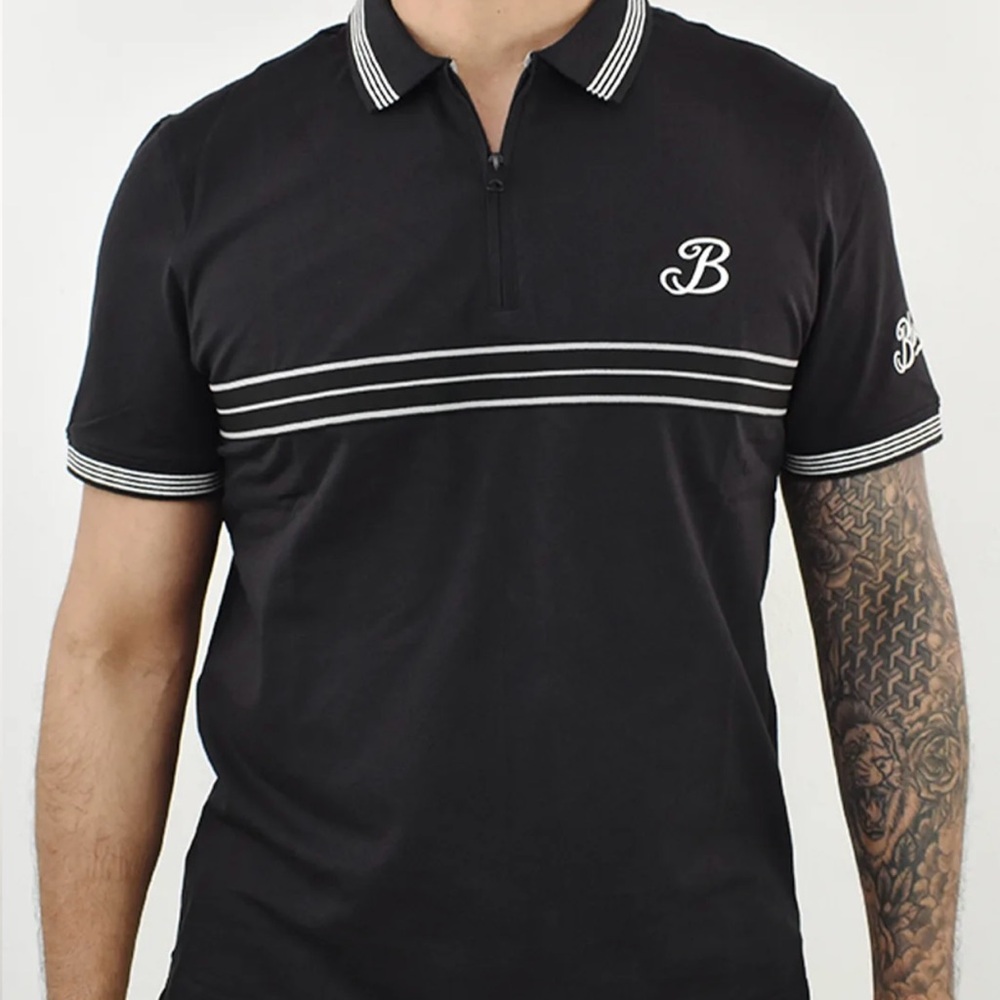 Black and White Polo with Athletic Fit and Zip-Up Collar